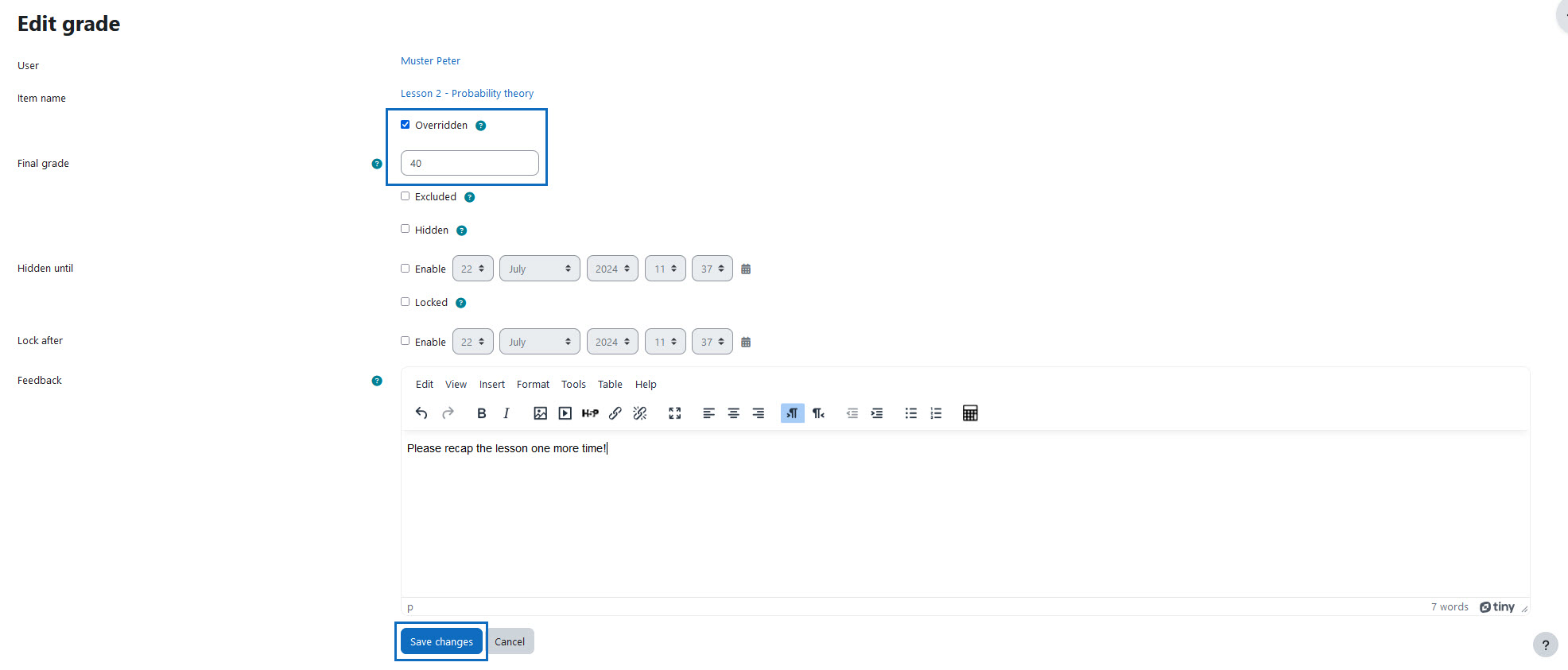 Screenshot: Overwrite grade and enter optional feedback on the lesson