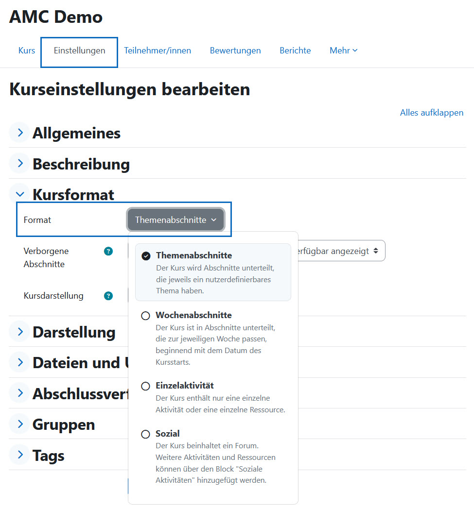 Screenshot Kursformat ändern