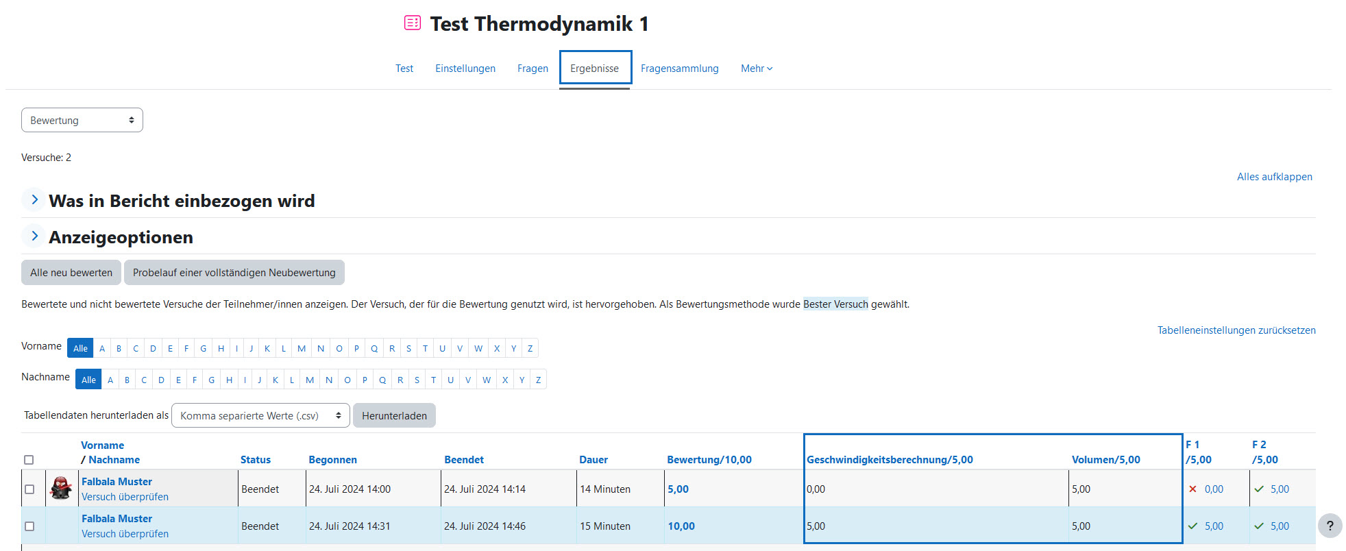 Screenshot: Testergebnisse aus Lehrendenperspektive mit Bewertungselementen