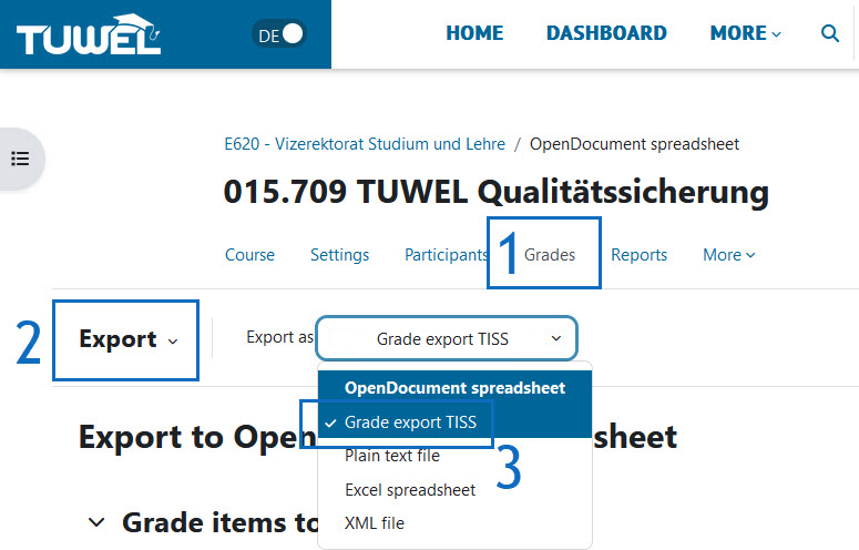 Screenshot Grade export TISS
