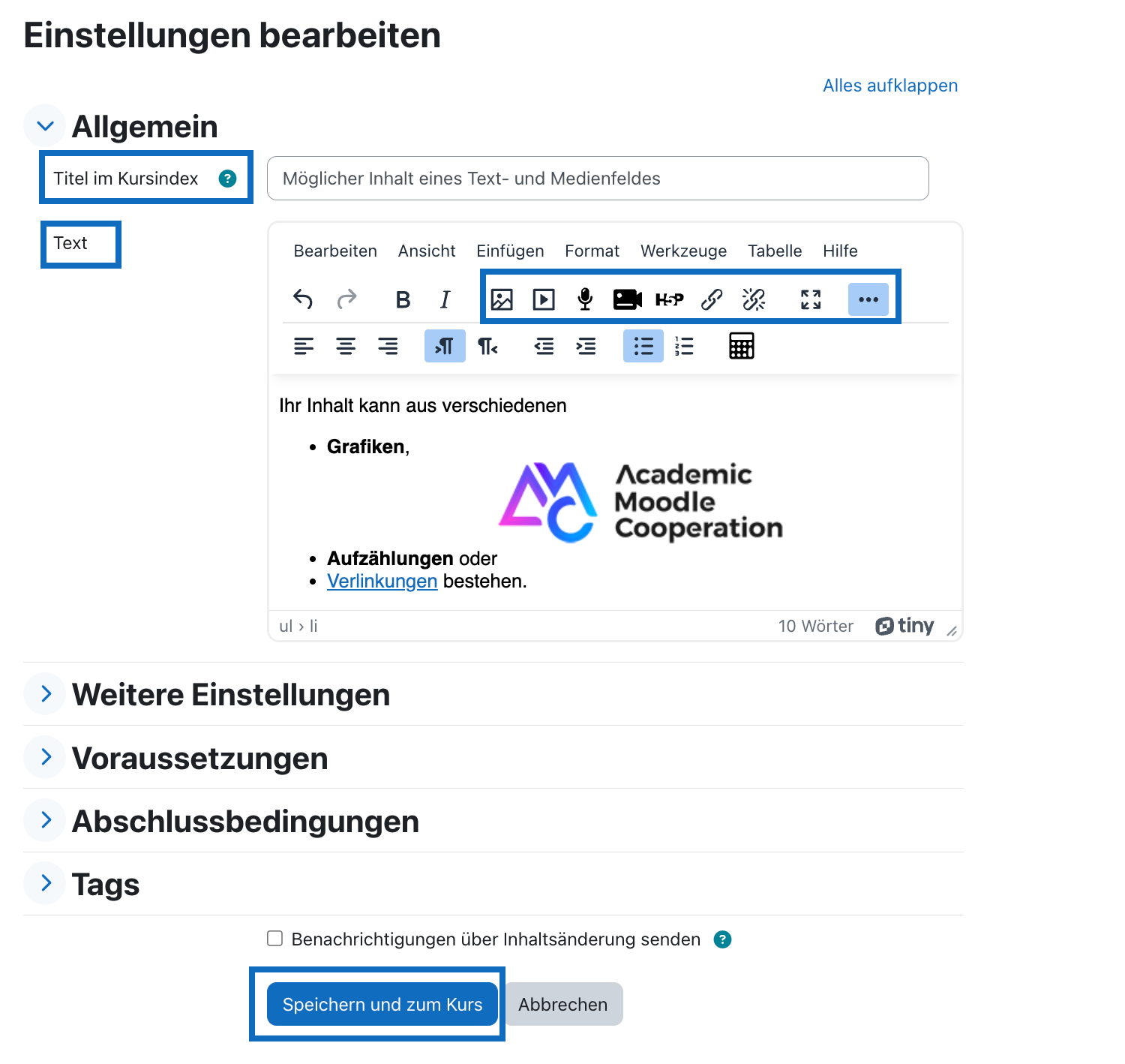 Screenshot zeigt das Einfügen verschiedener Inhalte in ein Textfeld.