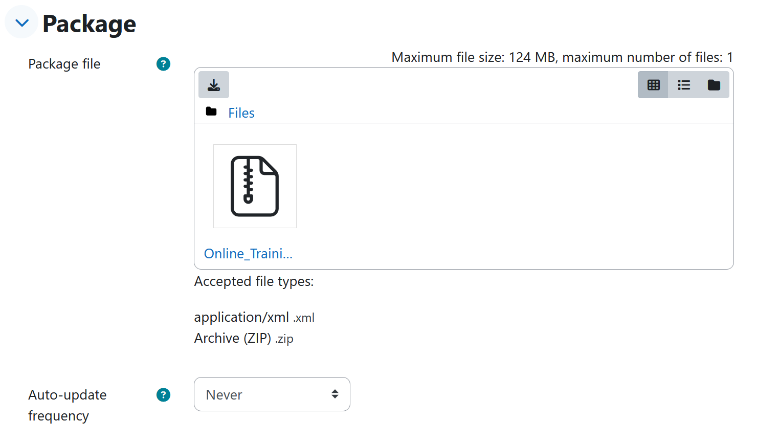 upload SCROM package in the field called package file