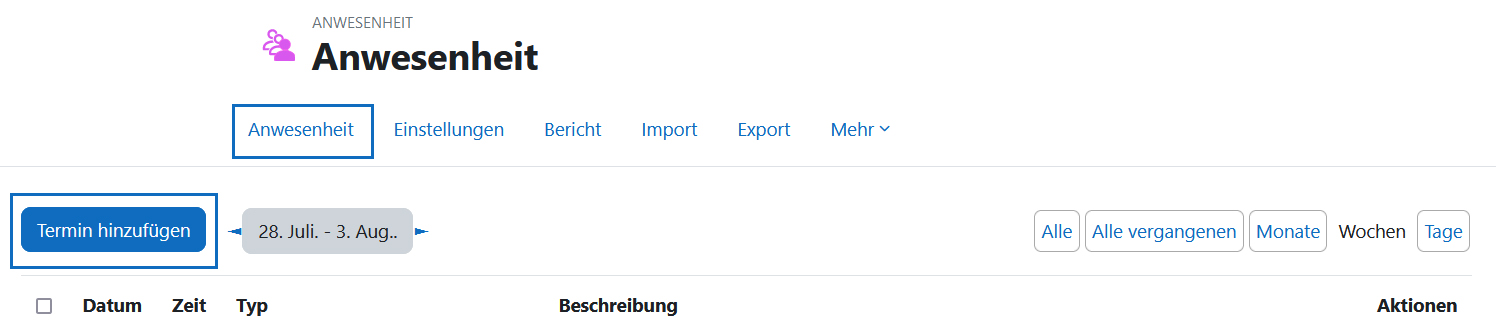 Screenshot: Schaltfläche zum Hinzufügen eines Termins