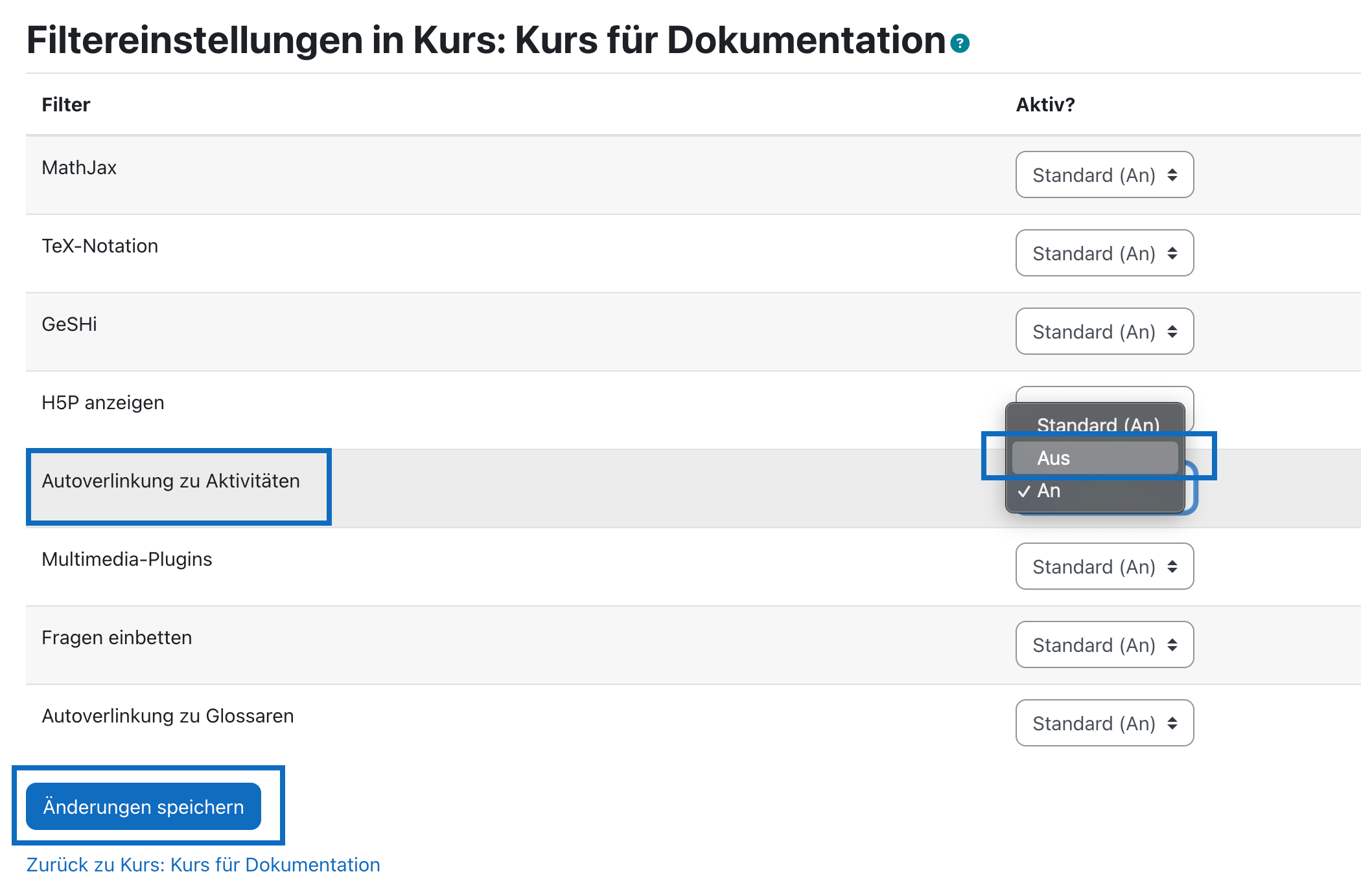 Screenshot zeigt Liste der Filter mit Drop-down-Menü zur Deaktivierung von Filtern.
