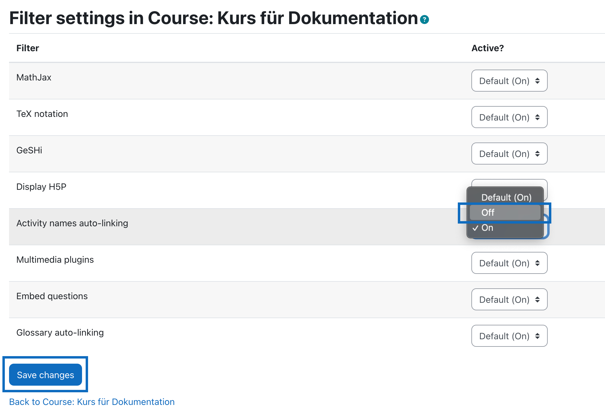 Screenshot shows list of filters with a drop-down menu to disable filters.