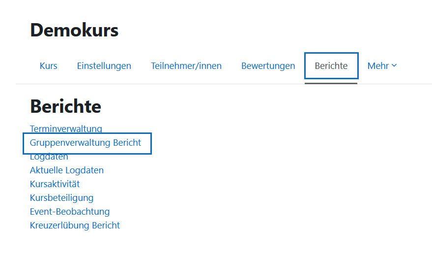 Screenshot: Gruppenverwaltung Bericht aufrufen