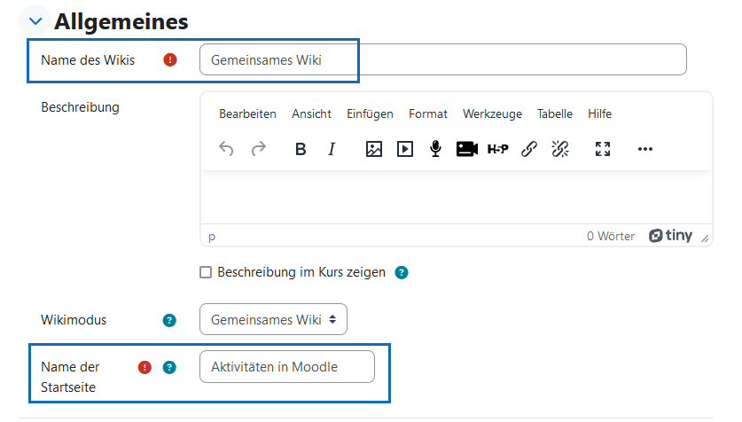 Screenshot: Allgemeine Einstellungen - Namen für Wiki und Startseite eintragen