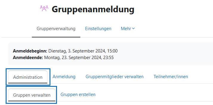 Screenshot: Gruppenadministrationsbereich öffnen