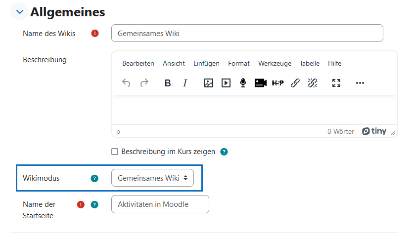 Screenshot: Wikimodus in den Einstellungen (Abschnitt 