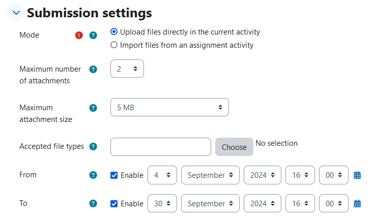 Screenshot: submission settings