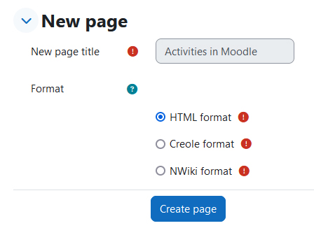 Screenshot: select format for a new page