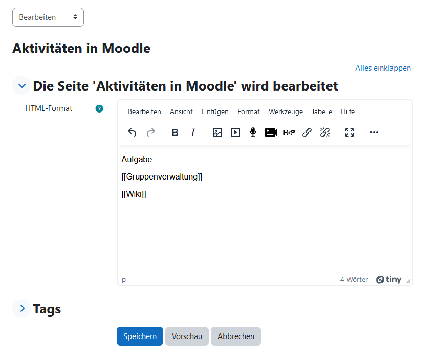 Screenshot: Wiki-Seite mit Inhalten befüllen und Verlinkungen zu anderen Wiki-Seiten festlegen