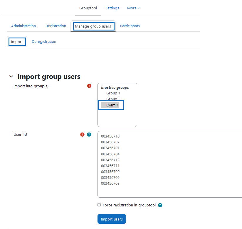 Screenshot: import multiple participants in a group in the 