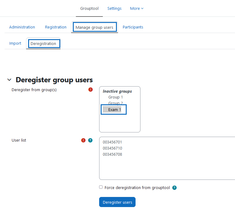 Screenshot: deregister multiple participants via 