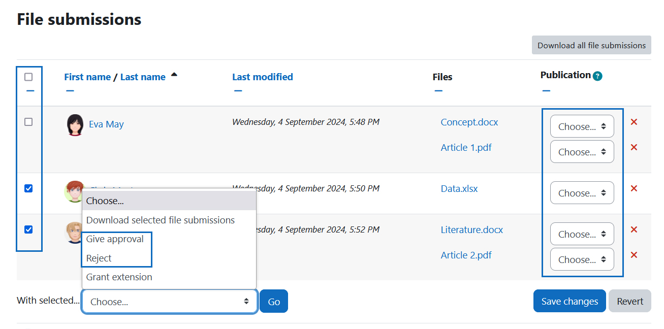 Screenshot: set single or multiple publication status values