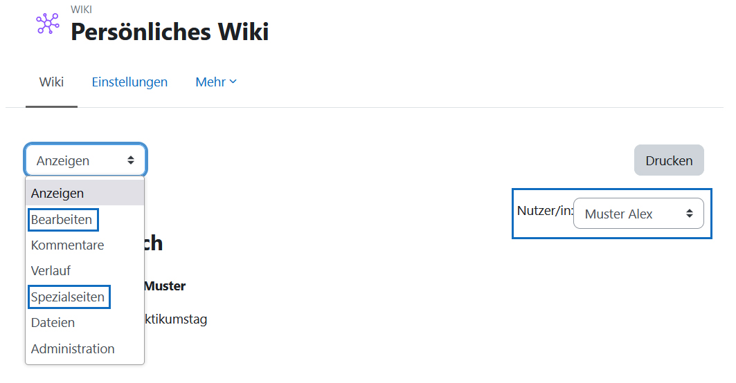 Screenshot: Bearbeitungsmodus auswählen, Liste der Seiten aufrufen und im persönlichen Wiki den Bereich eines Studierenden auswählen