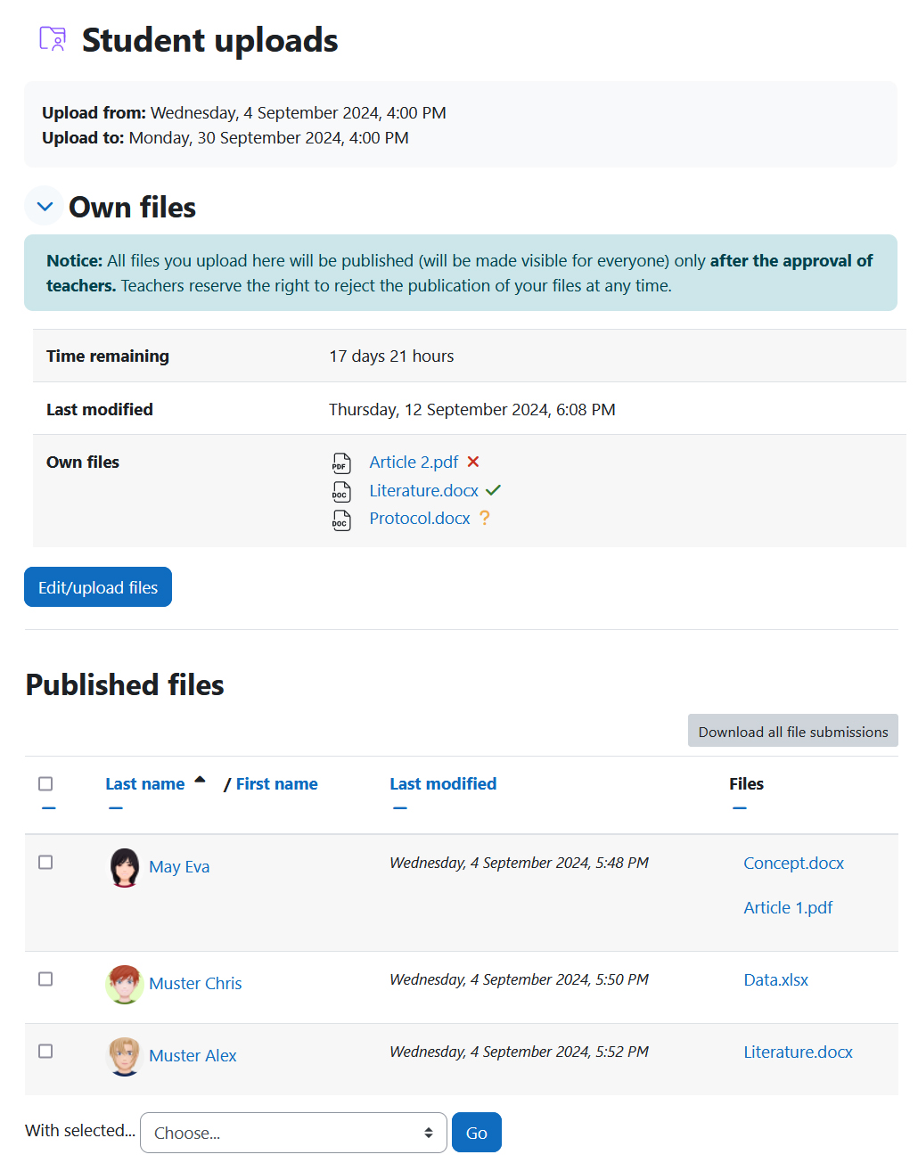 Screenshot: student view of a student folder with published files