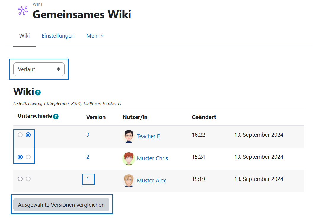 Screenshot: Änderungsverlauf einer Wiki-Seite einsehen