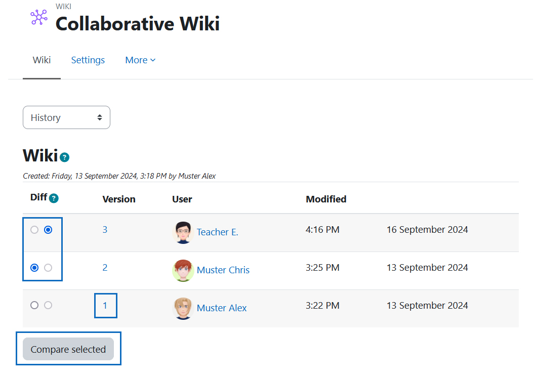 Screenshot: view change history of a wiki page