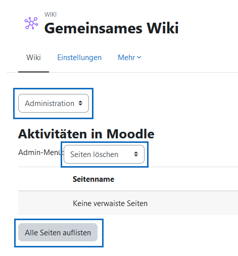 Screenshot: Übersicht der Seiten zwecks löschen einer Seite aufrufen