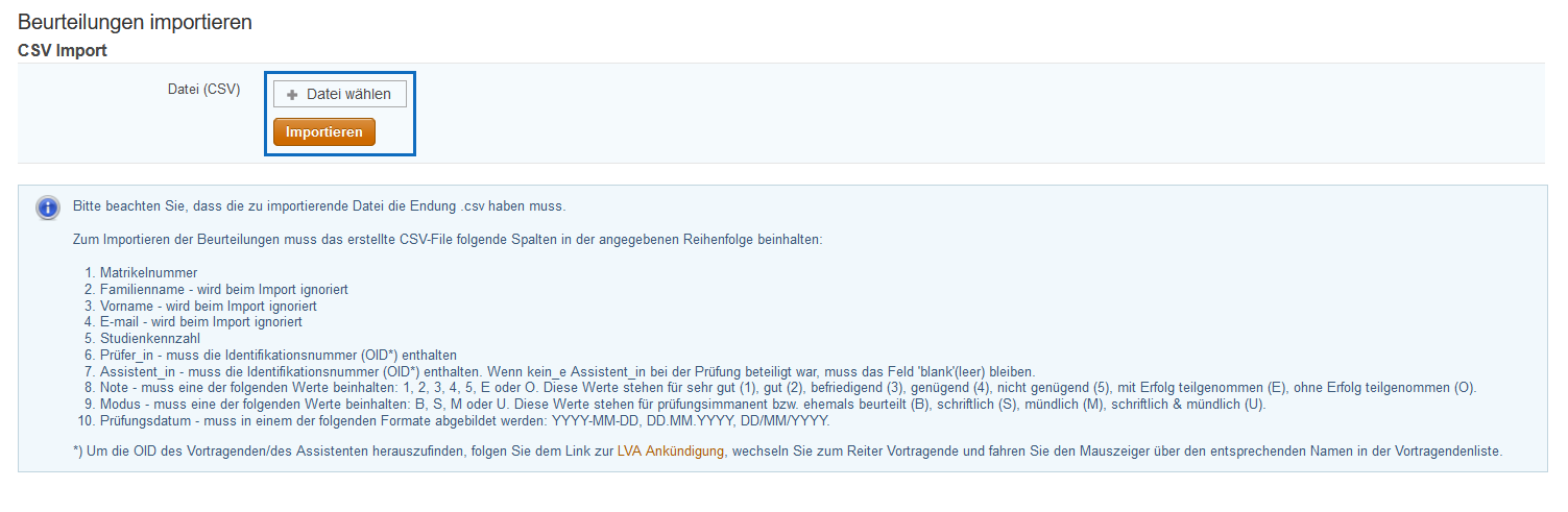 Screenshot: Beurteilungen in TISS mit einem CSV-File importieren
