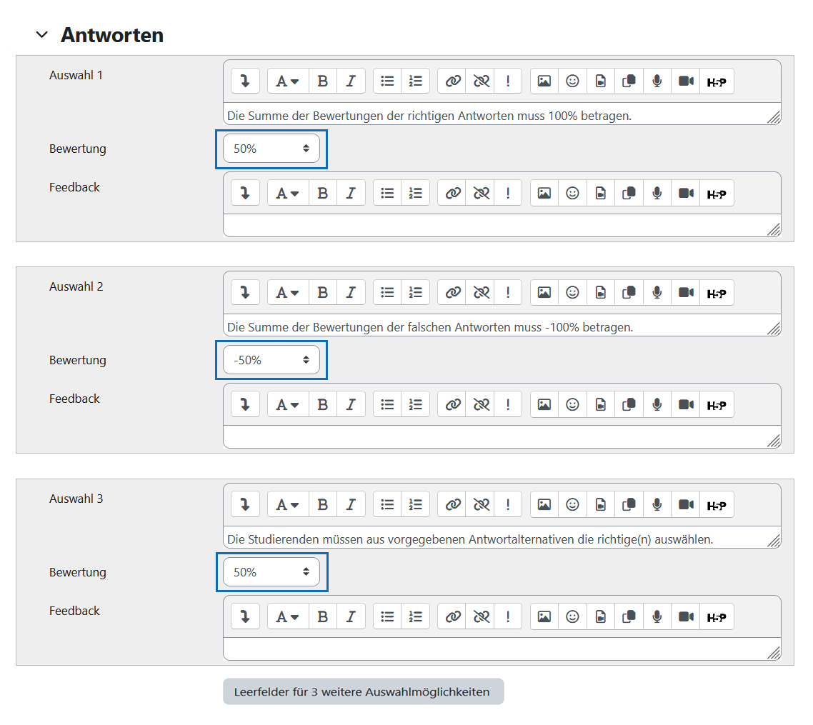 Sreenshot: Antwortalternativen eintragen und Bewertung pro Alternative auswählen