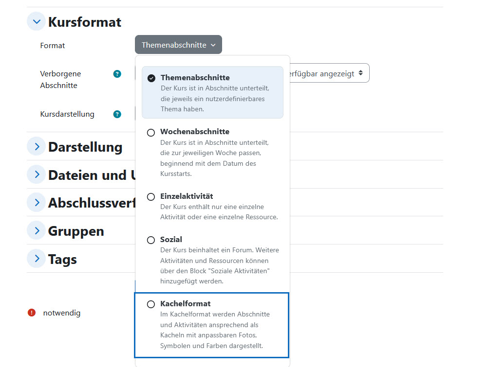 Screenshot: Kachelformat in Kursformat auswählen