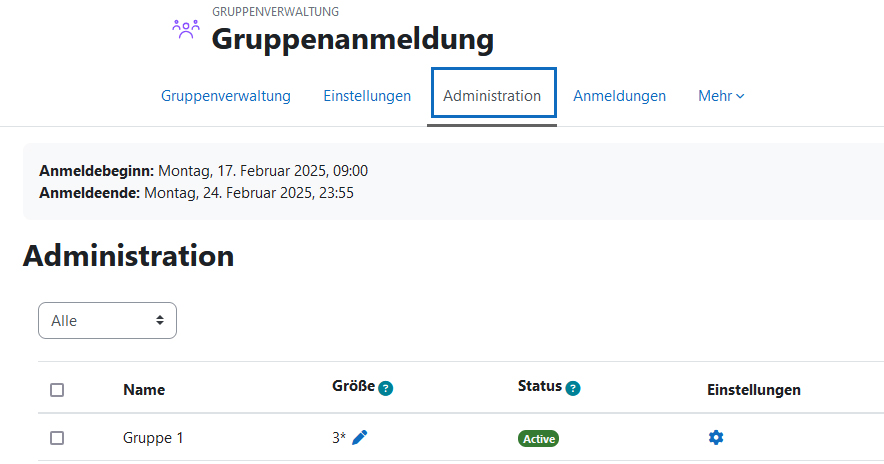 Screenshot: Gruppenadministrationsbereich öffnen