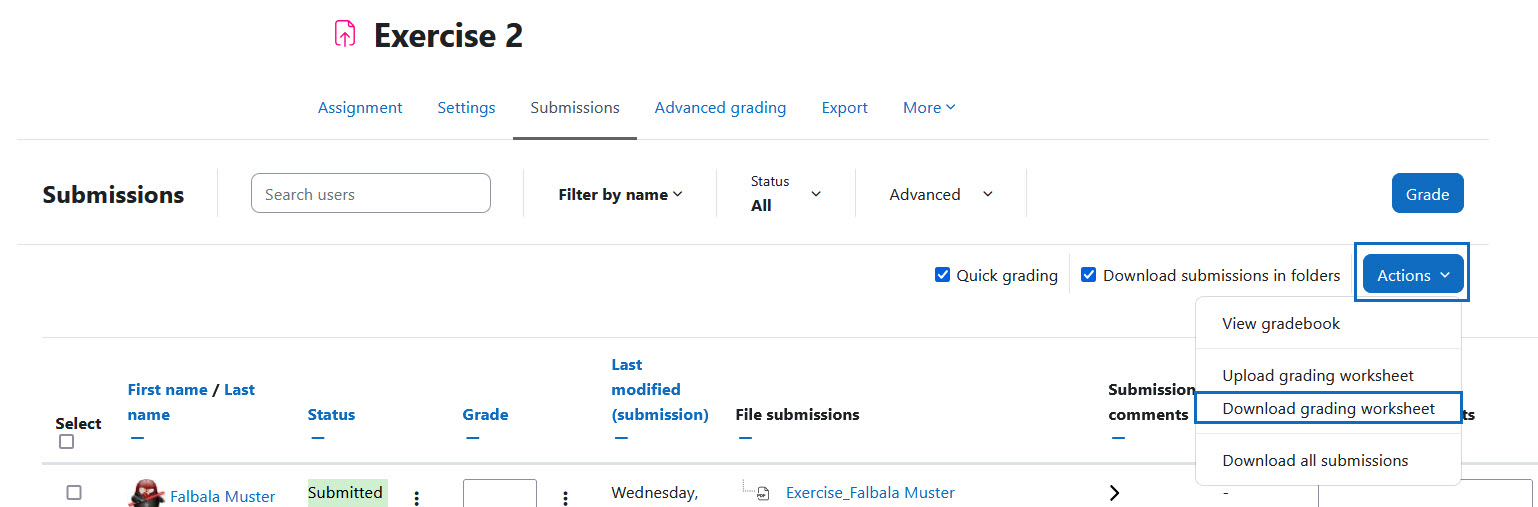 Screenshot: Download grading worksheet via the actions menu