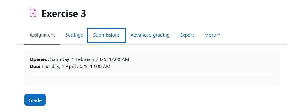 Screenshot: Submissions tab in the assignment overview