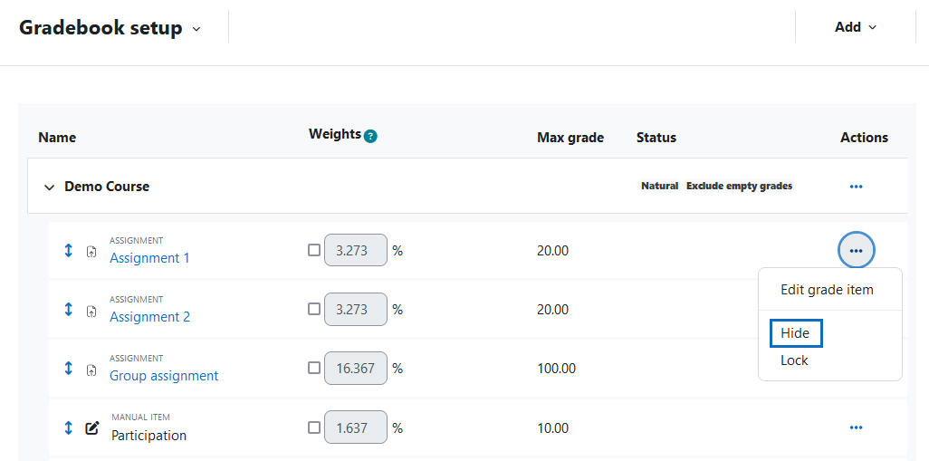 Screenshot: hide grades of an activity in the gradebook setup