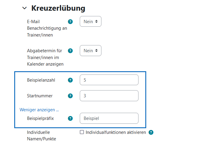 Screenshot: Einstellungen für Beispielanzahl, Startnummer und Beispielpräfix