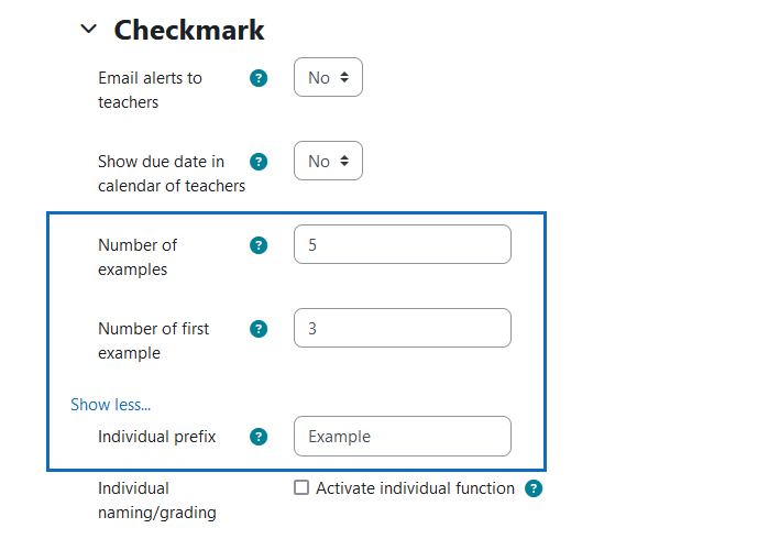 Screenshot: settings for number of examples, number of the first example and prefix