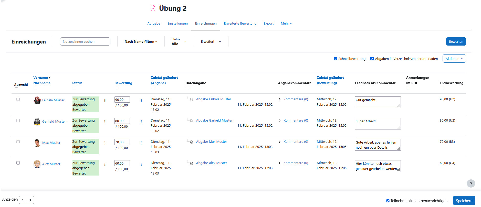 Screenshot: Übersicht der geänderten Bewertungen in der Aufgabe