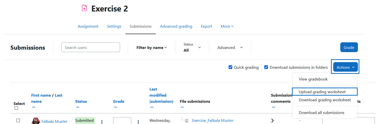 Screenshot: upload grading worksheet via the actions menu