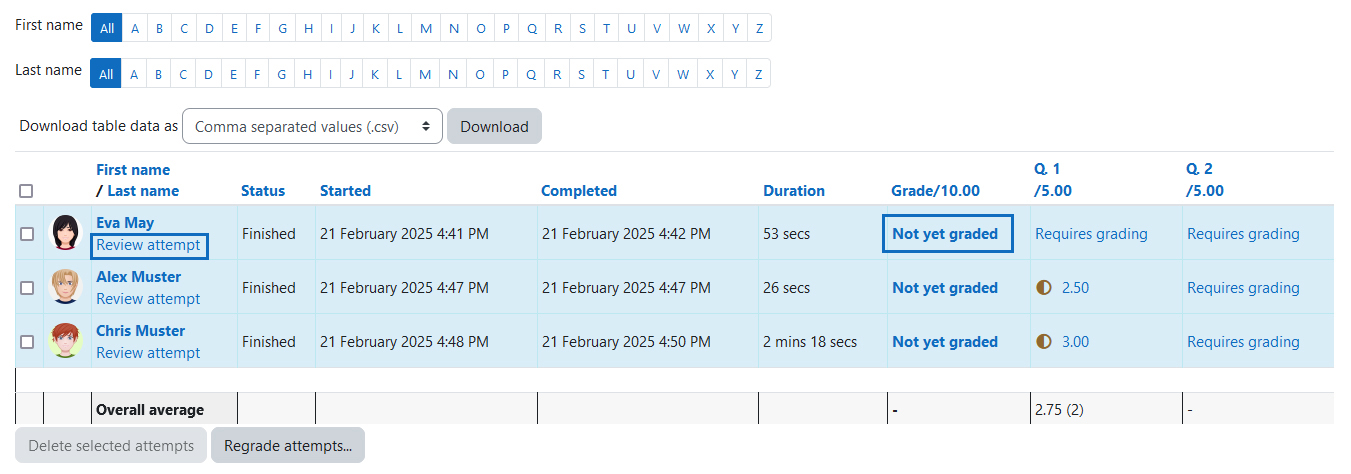 Screenshot: list of quiz attempts highlighting the links to the grading of one quiz attepmt