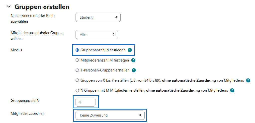 Screenshot: Gruppen erstellen - Modus und Gruppenanzahl festlegen