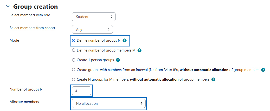 Screenshot: group creation - set 