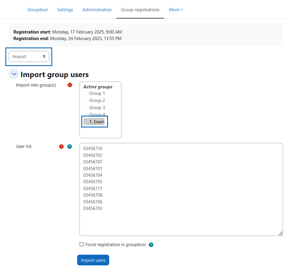 Screenshot: register multiple participants at once in a group via import function