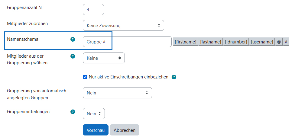 Screenshot: Gruppe erstellen - Namensschema