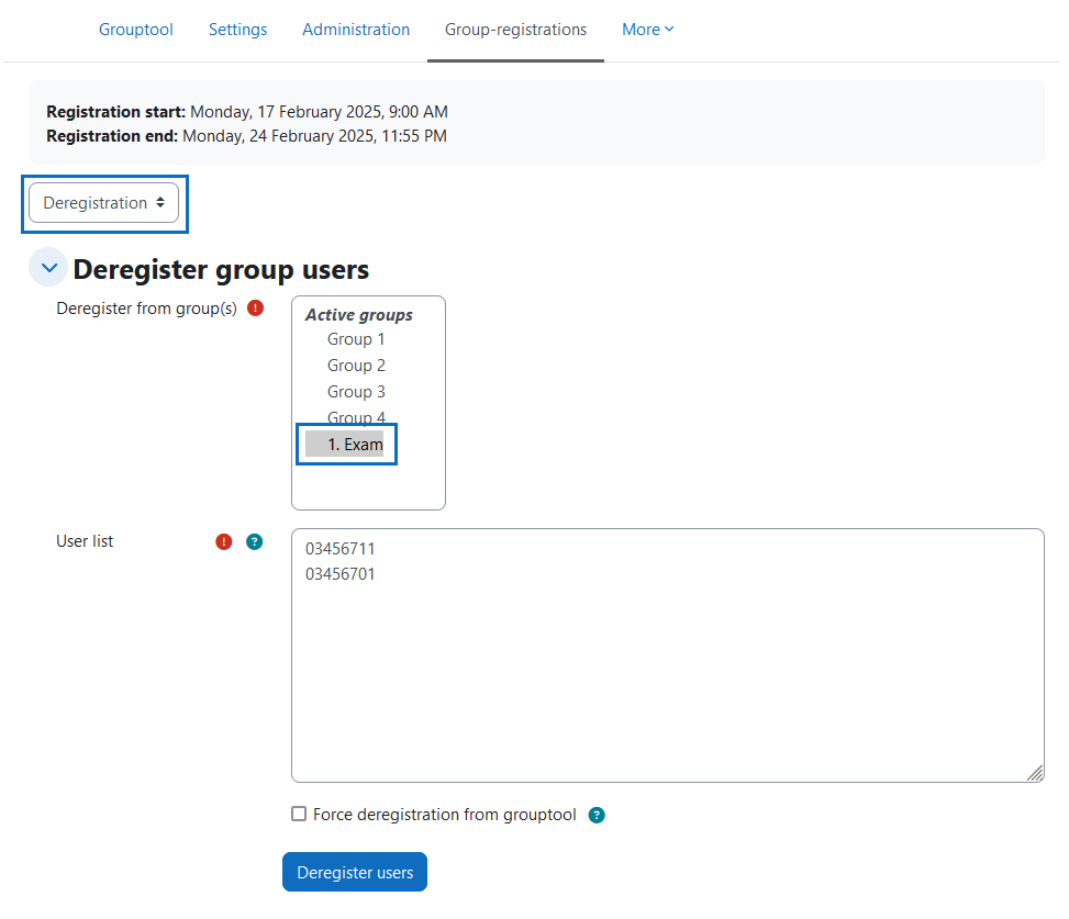 Screenshot: deregister multiple participants via 