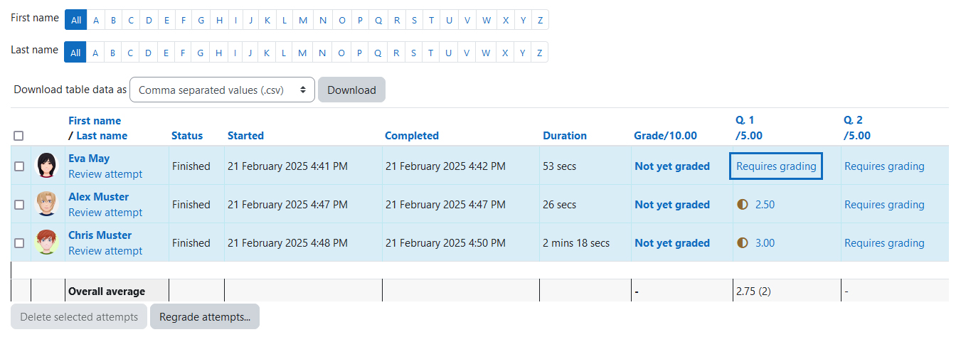 Screenshot: list of quiz attempts highlighting the link to the grading of one qestion for one student