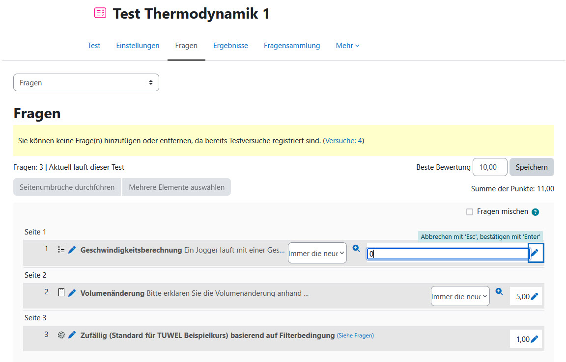 Screenshot: Bei Fragen den Wert Null in Bewertung eintragen