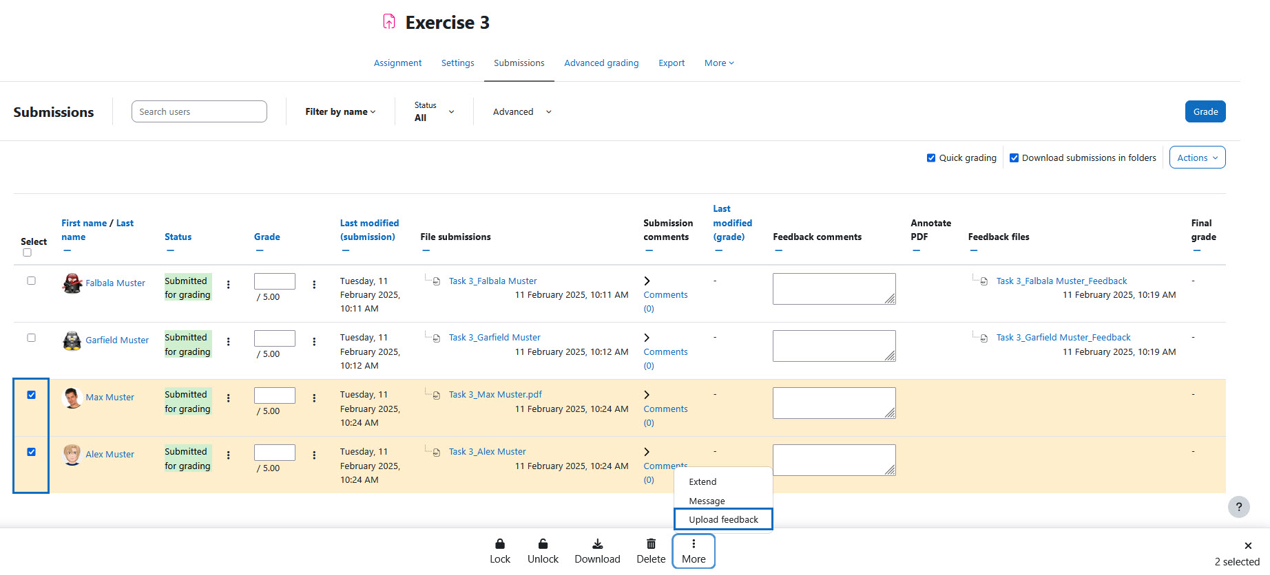 Screenshot: Mark students with checkboxes and then upload feedback files via the footer and “...More”.