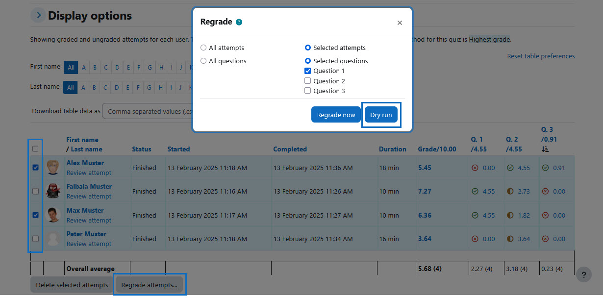 Screenshot: open the regrade attempts settings