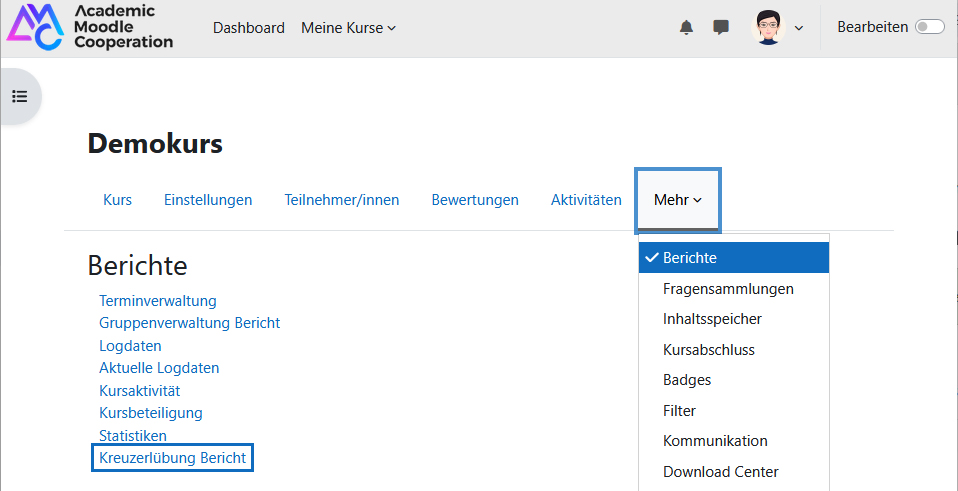 Screenshot: Kreuzerlübung Bericht einsehen