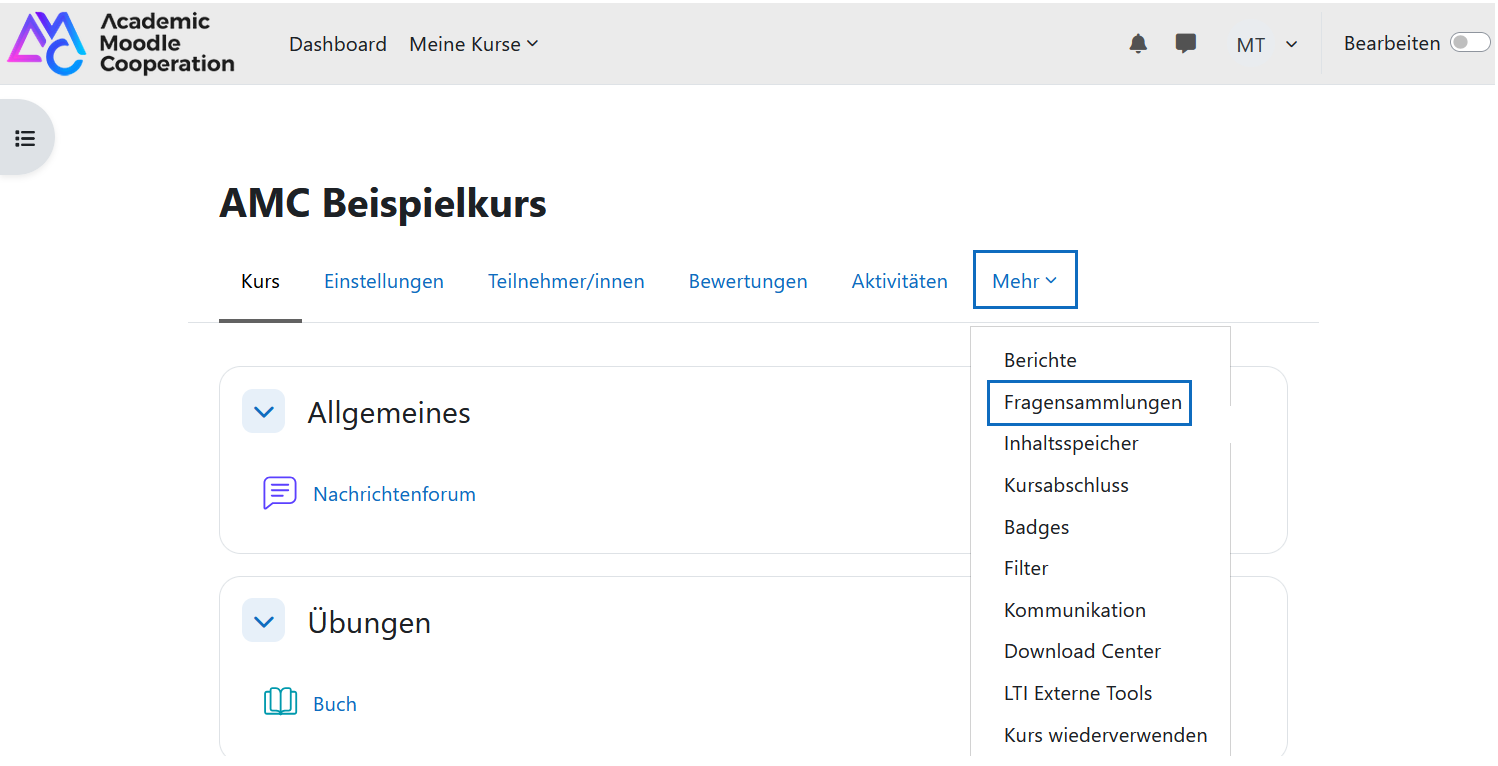 Screenshot: Fragensammlungen des Kurses aufrufen