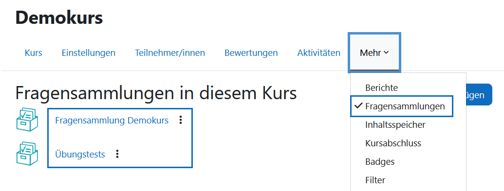 Screenshot: Liste der Fragensammlungen eines Kurses
