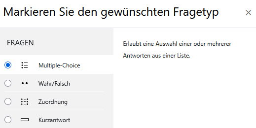 Screenshot: Auswahl von „Multiple-Choice“ aus der Fragetypen-Liste