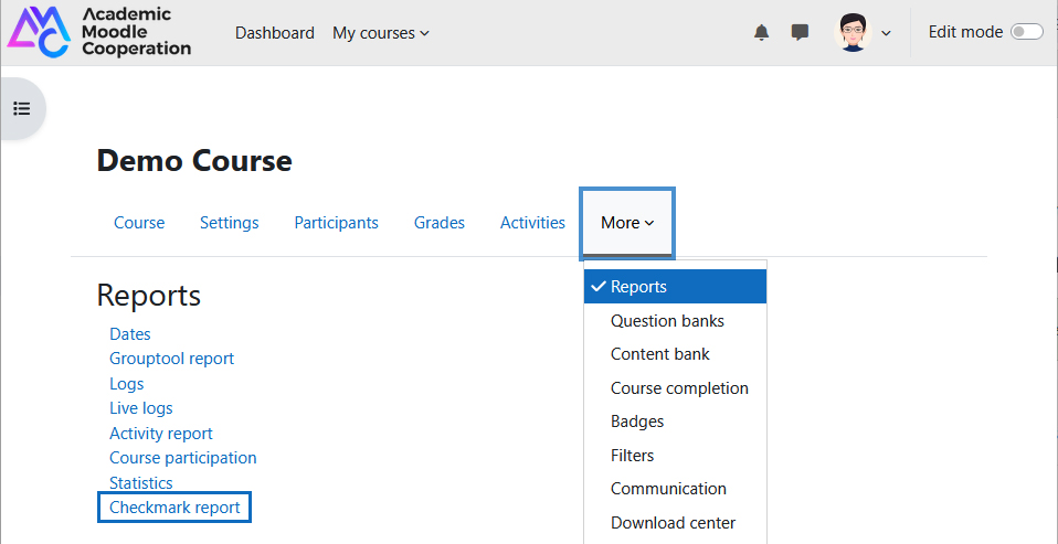 Screenshot: view checkmark report